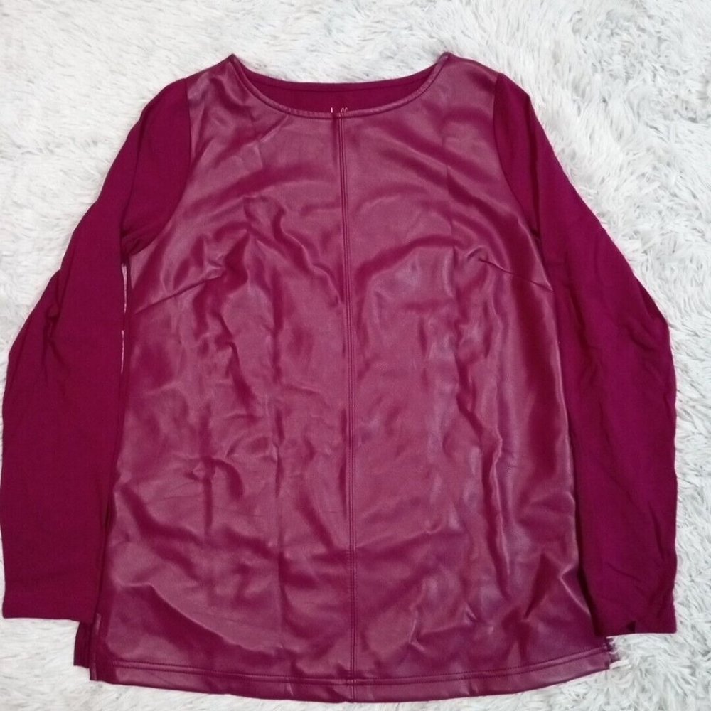 Belle Kim‎ Gravel Womens Shirt Top Red XXS Pullover Faux Leather Knit Sleeves